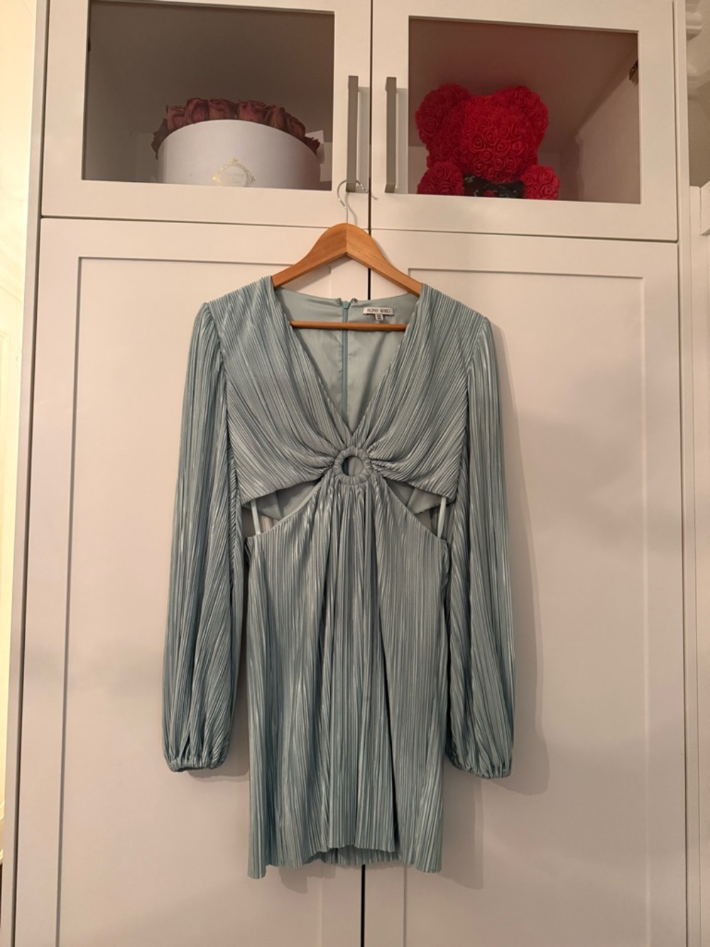 Ronny Kobo Collection Pleated Light Blue Ring-Front Mini Dress